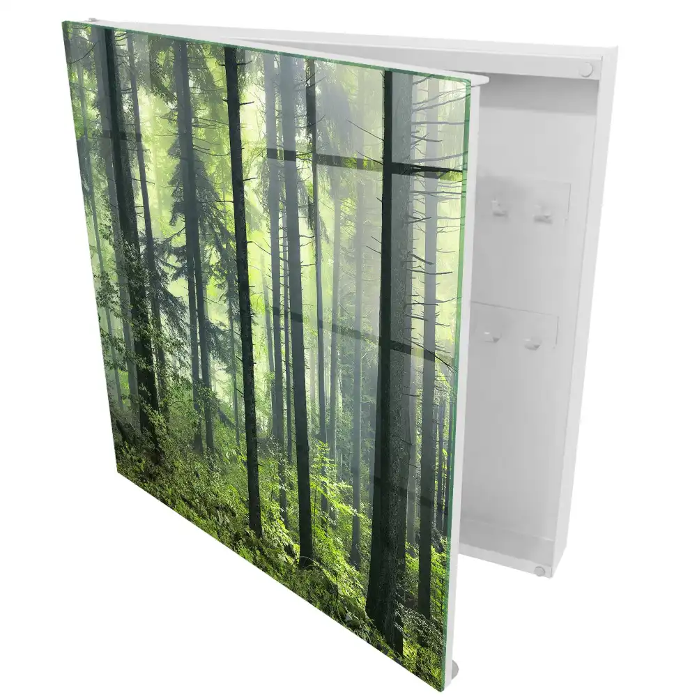 Casetă pentru chei cu design de pădure cețoasă, soare și verdeață