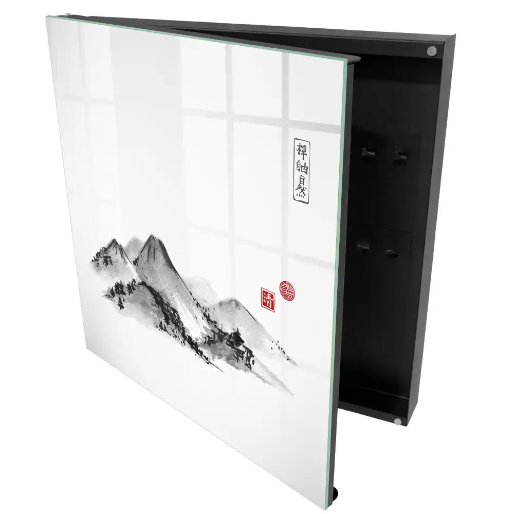Suport de perete pentru chei cu design montan alb-negru și accente roșii