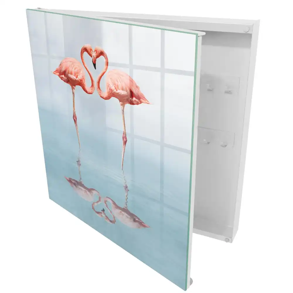 Dulap pentru chei cu model doi flamingo în oglindă pe apă