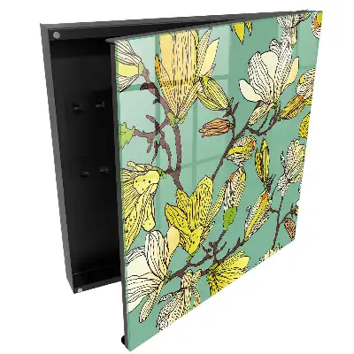 Suport chei de perete cu model magnolii galbene pe fundal verde