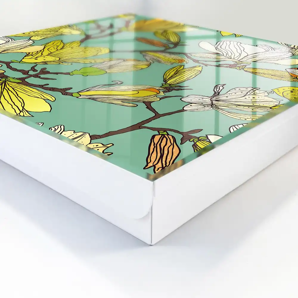 Suport chei de perete cu model magnolii galbene pe fundal verde