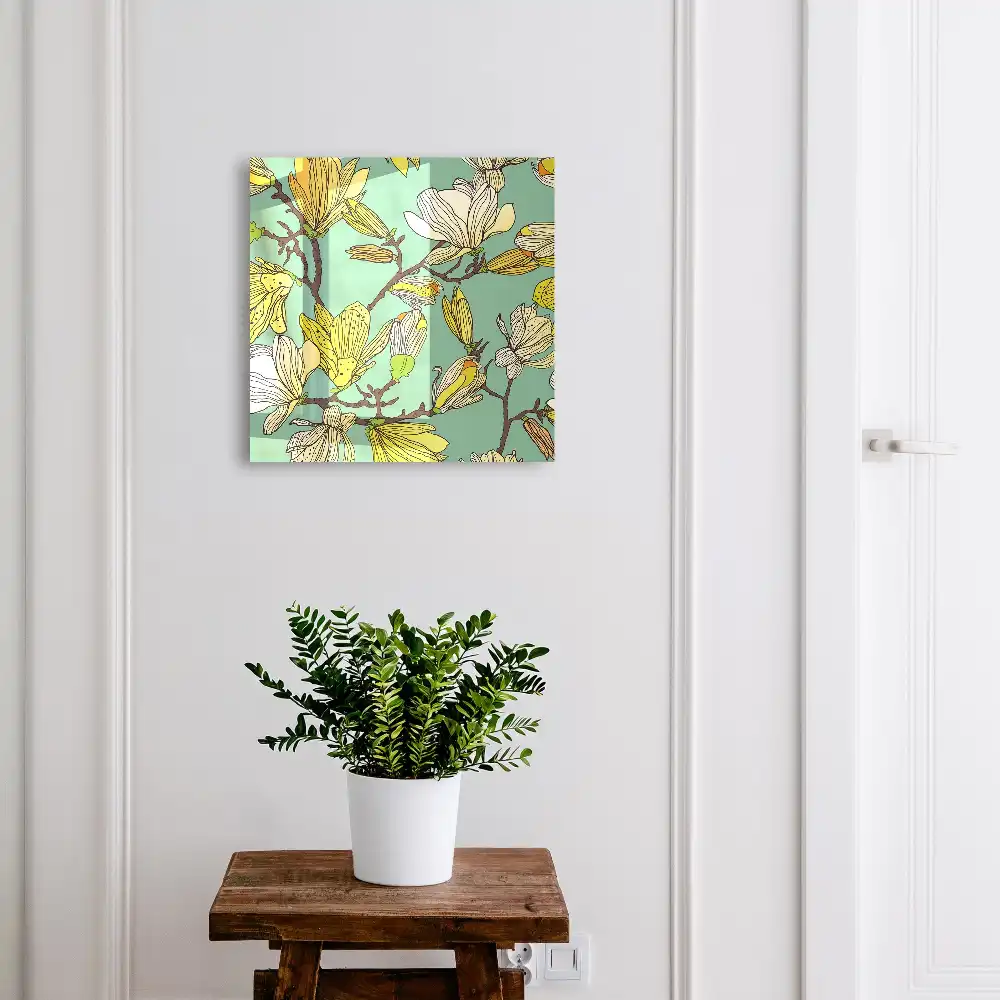 Suport chei de perete cu model magnolii galbene pe fundal verde