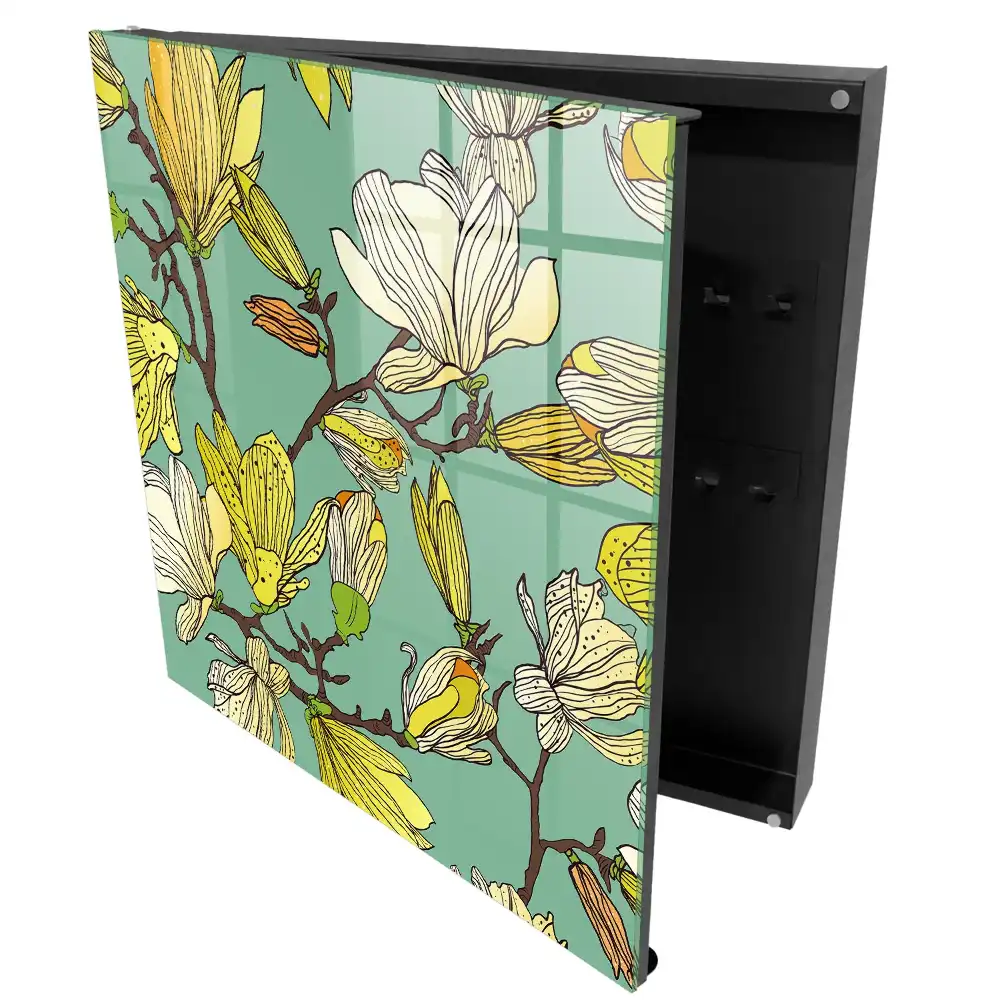 Suport chei de perete cu model magnolii galbene pe fundal verde