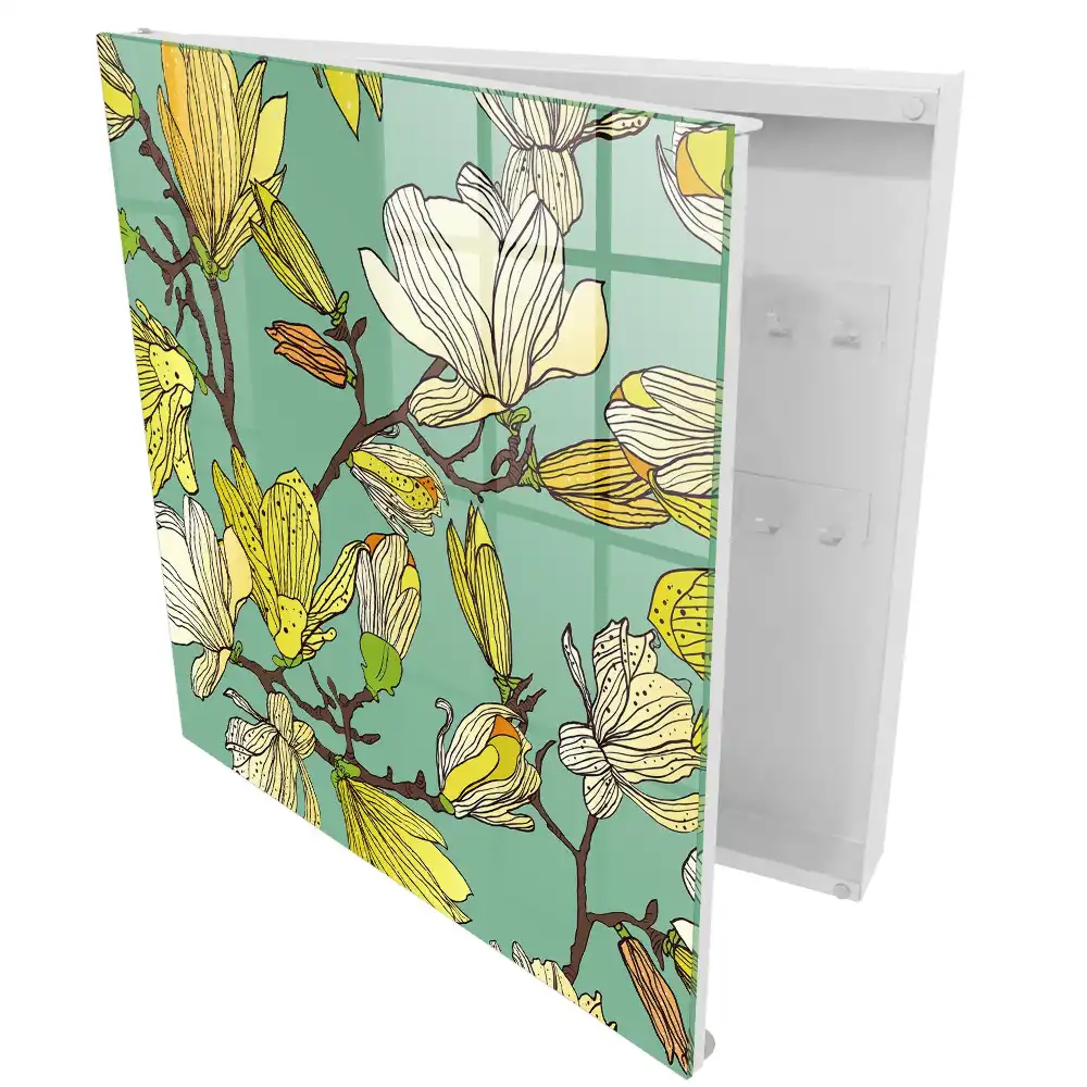 Suport chei de perete cu model magnolii galbene pe fundal verde