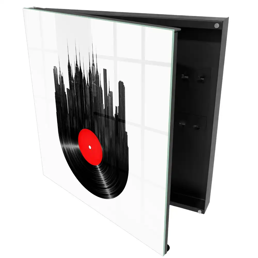 Cutiuta pentru chei de perete cu design urban zgarie-nori din vinil negru