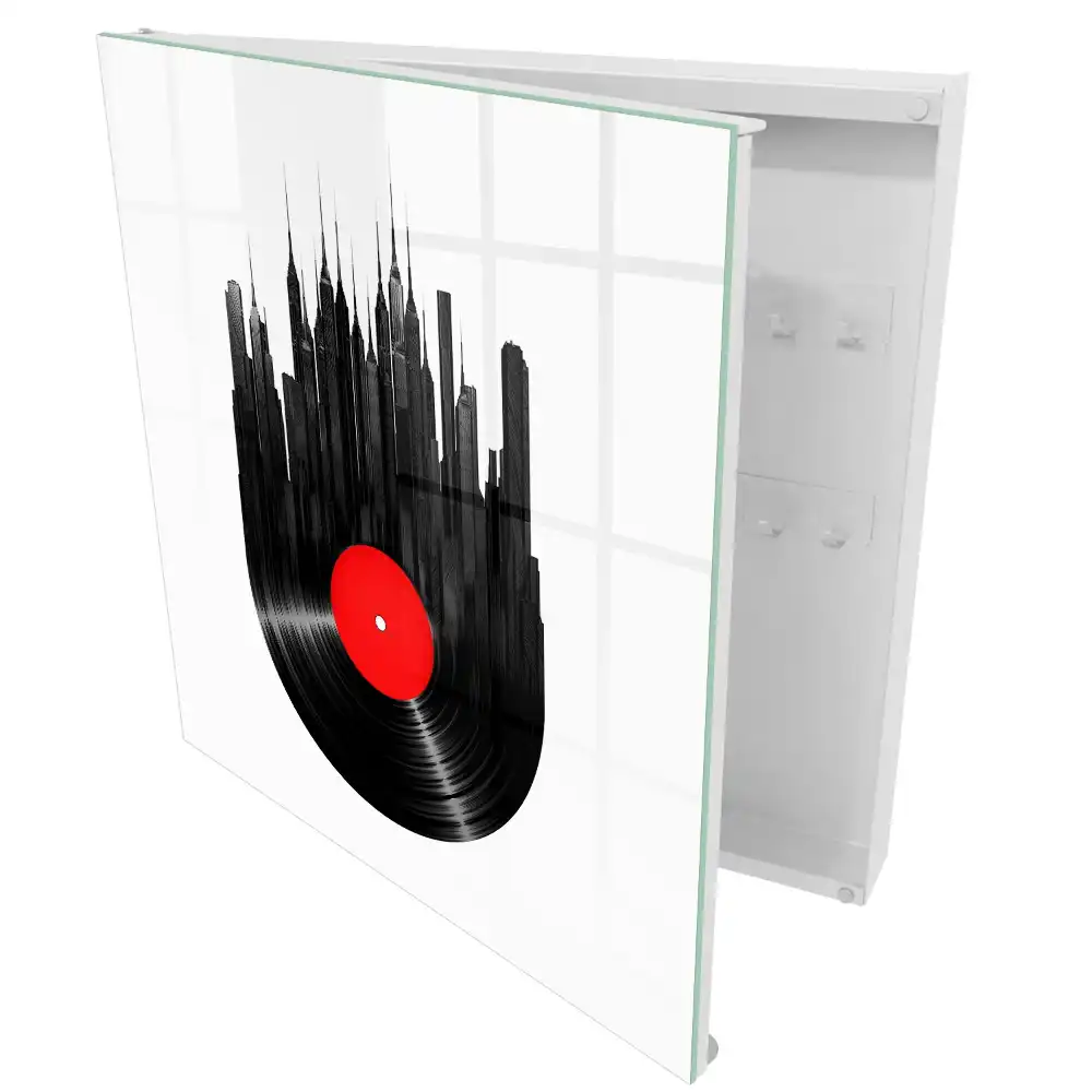 Cutiuta pentru chei de perete cu design urban zgarie-nori din vinil negru