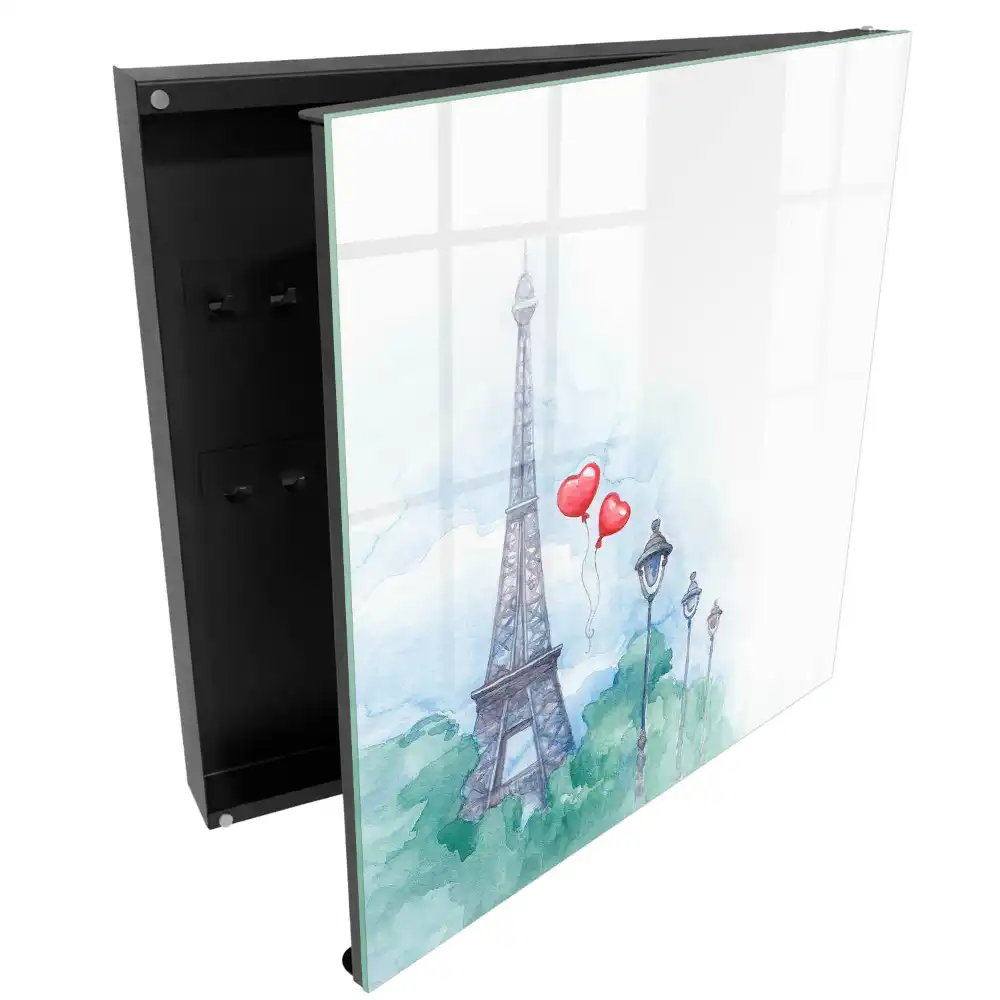 Dulapior pentru chei cu model Turnul Eiffel și baloane pe fundal albastru