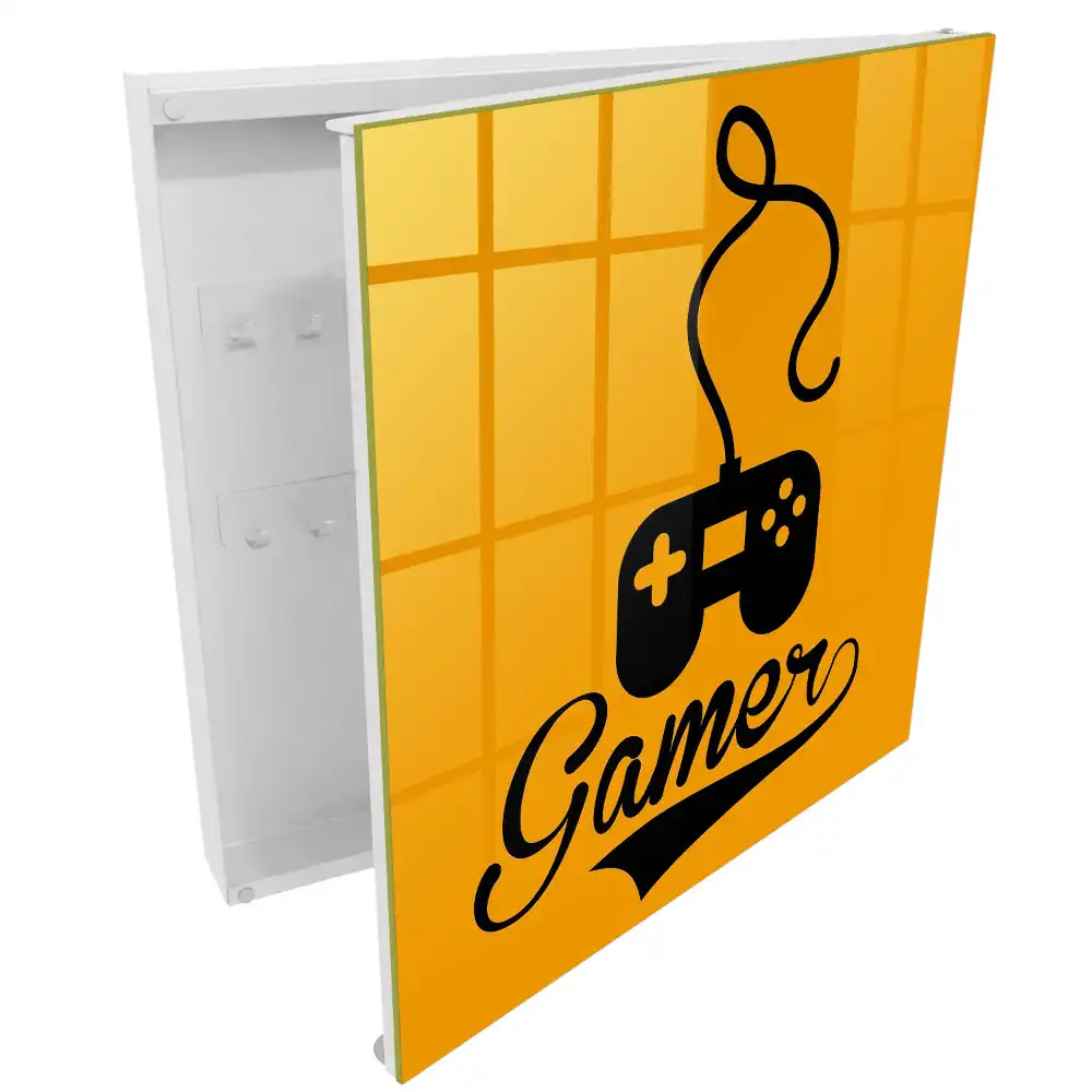 Suport de perete pentru chei cu design de controller negru pe fundal portocaliu