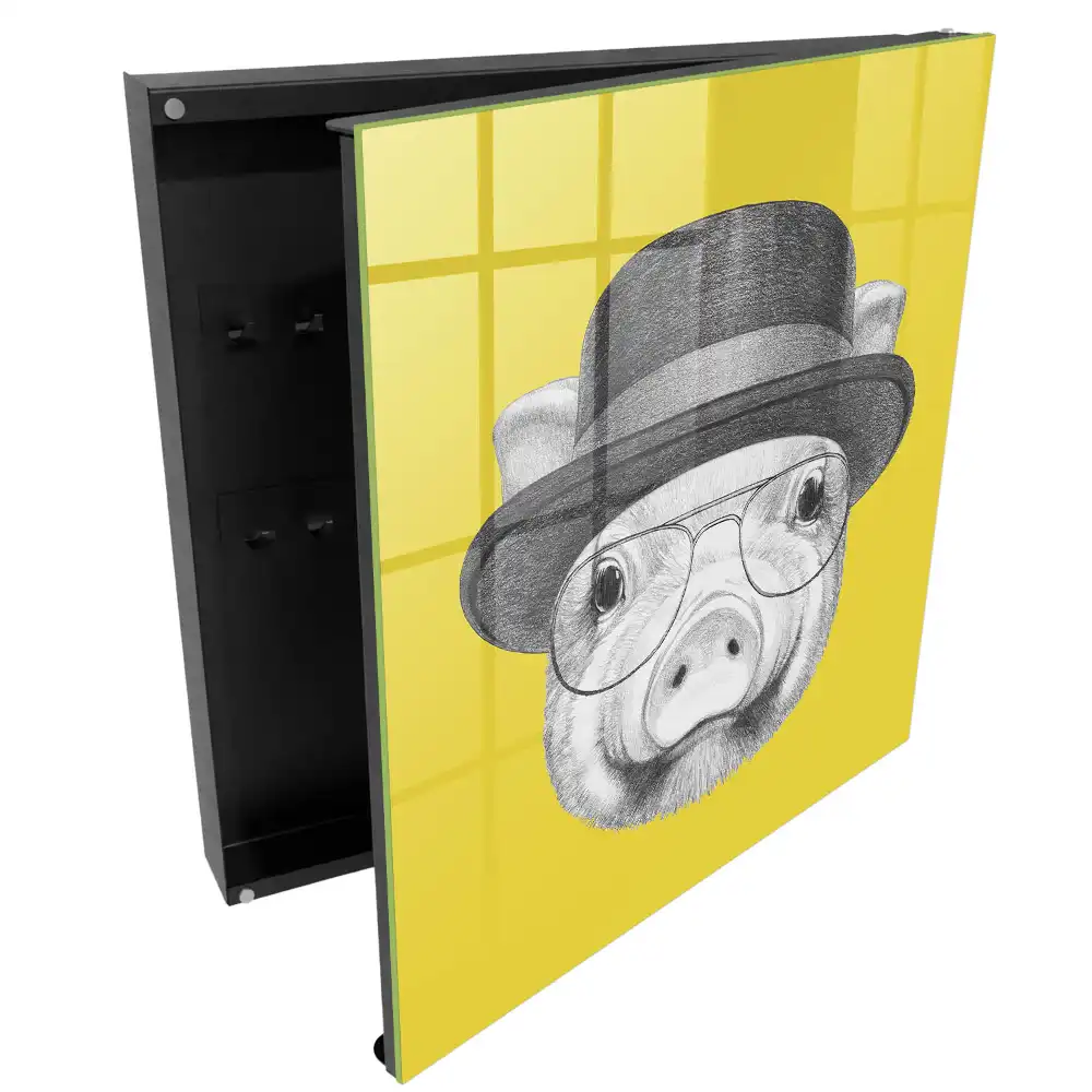 Casetă pentru chei cu ilustrație porc cu pălărie pe fundal galben