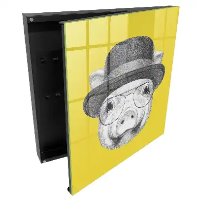Casetă pentru chei cu ilustrație porc cu pălărie pe fundal galben