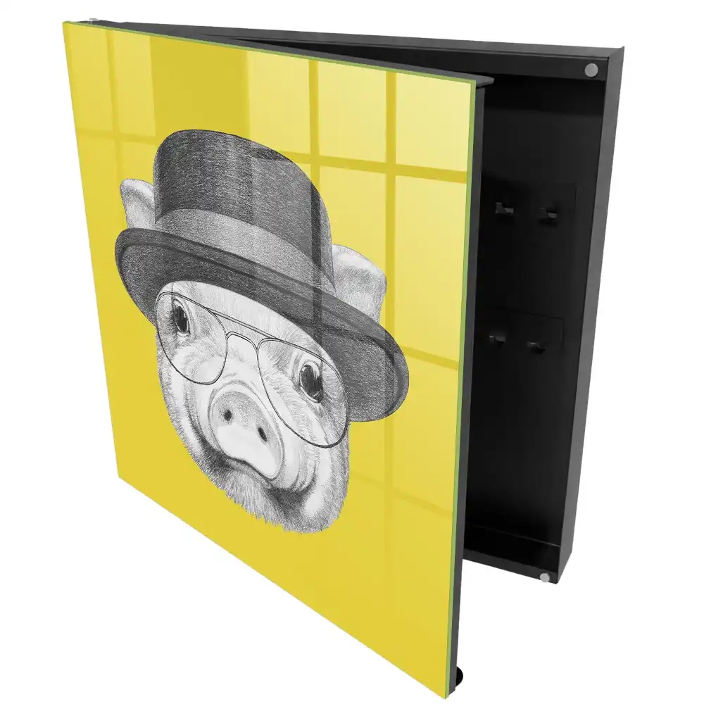 Casetă pentru chei cu ilustrație porc cu pălărie pe fundal galben