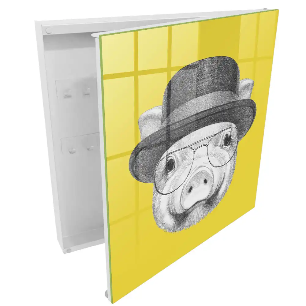 Casetă pentru chei cu ilustrație porc cu pălărie pe fundal galben