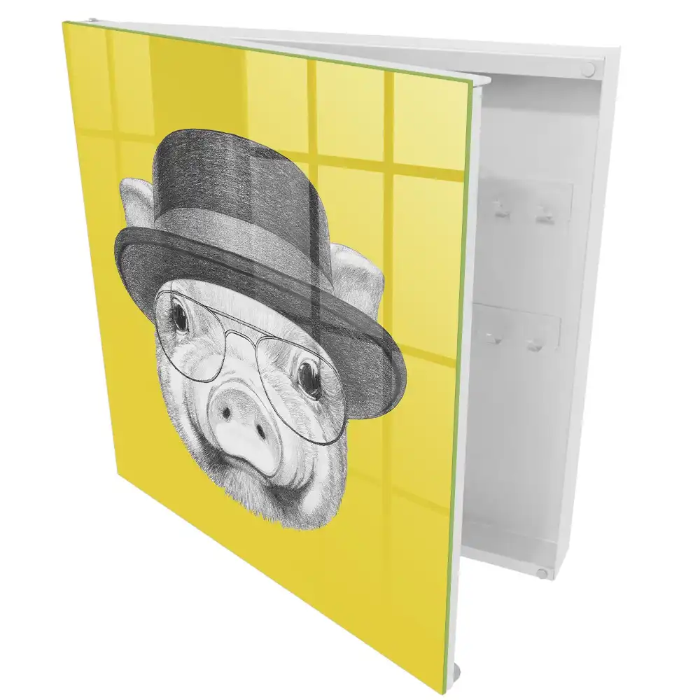 Casetă pentru chei cu ilustrație porc cu pălărie pe fundal galben