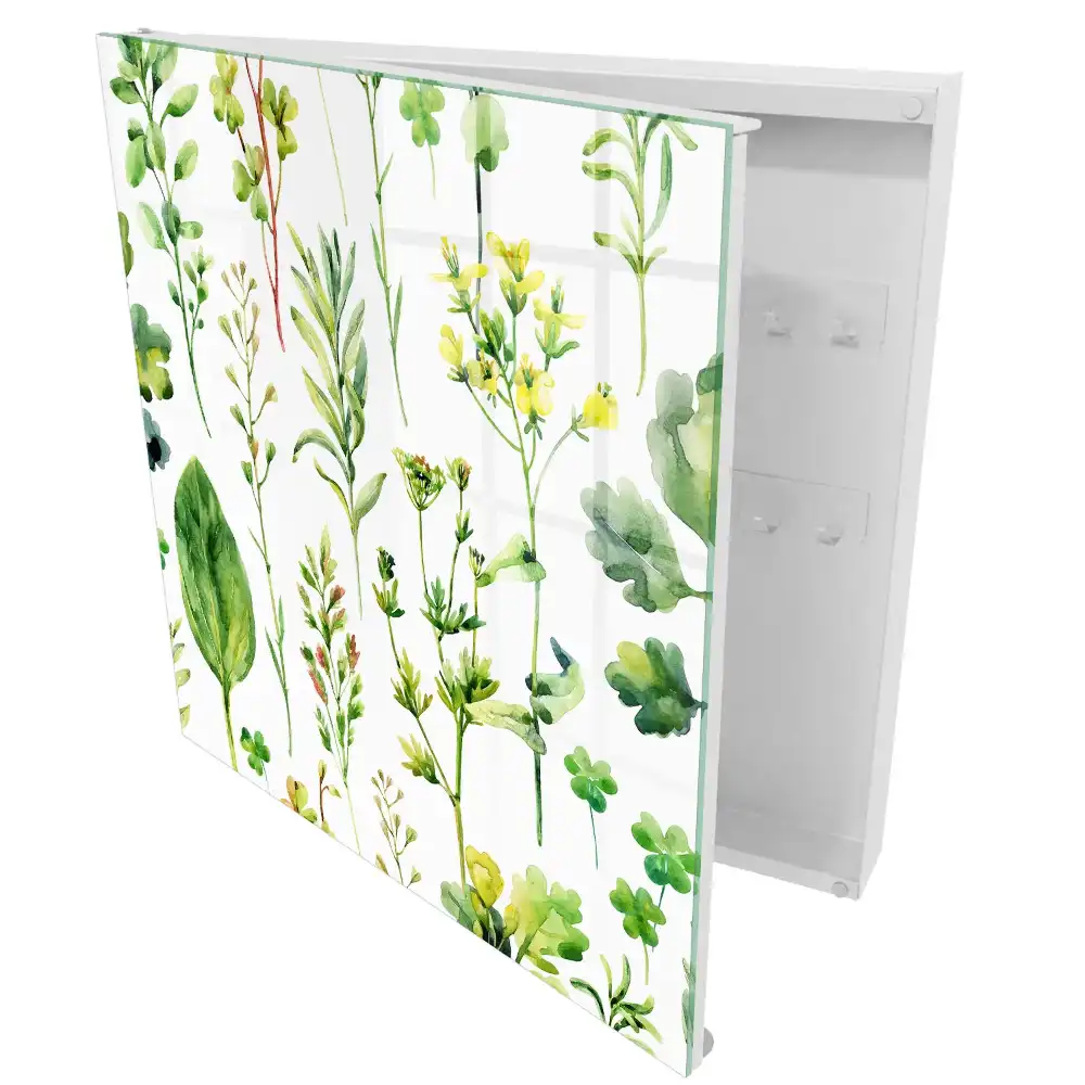 Dulap pentru chei cu model de plante verzi în stil acuarelă pe fundal alb