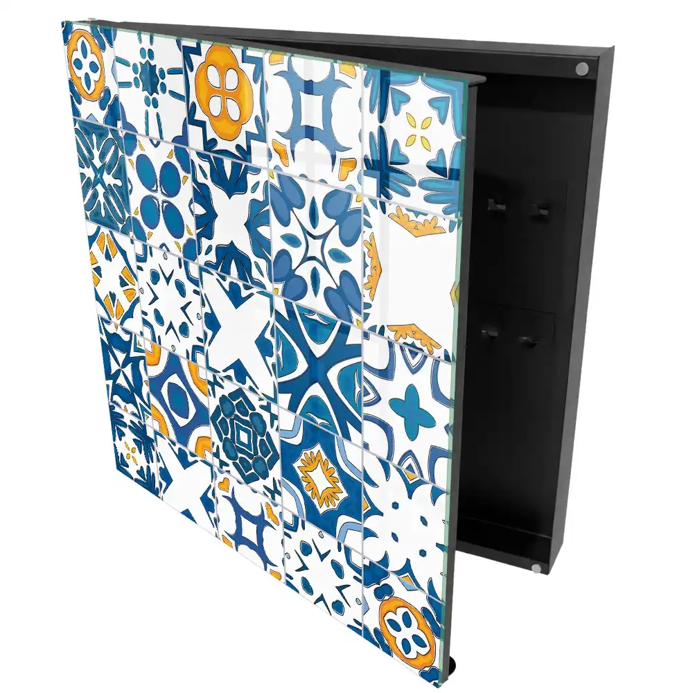 Cutie de chei pentru perete cu design geometric în nuanțe de albastru și galben