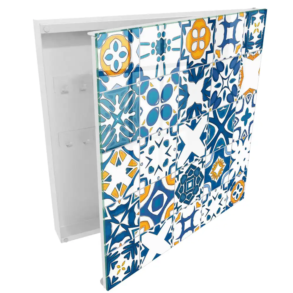 Cutie de chei pentru perete cu design geometric în nuanțe de albastru și galben