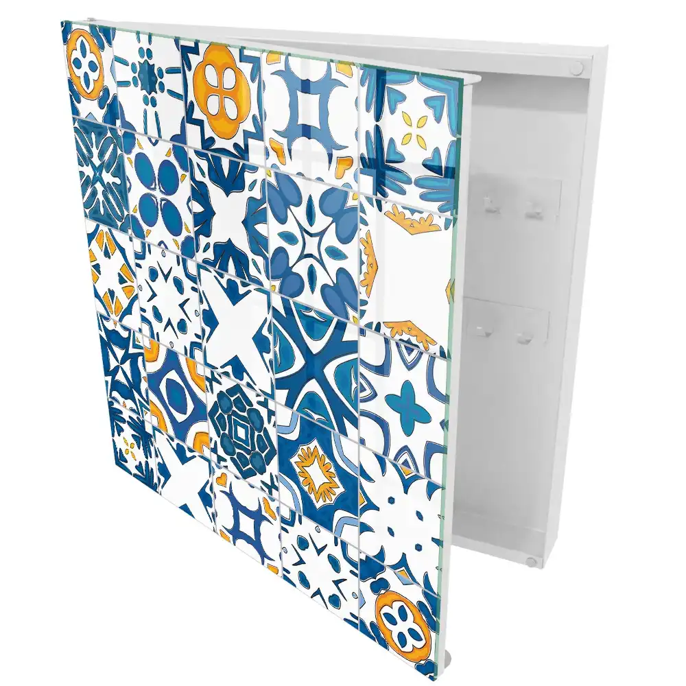 Cutie de chei pentru perete cu design geometric în nuanțe de albastru și galben