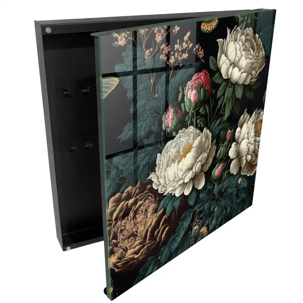 Dulap pentru chei cu model floral bujori crem și verzi pe fundal negru