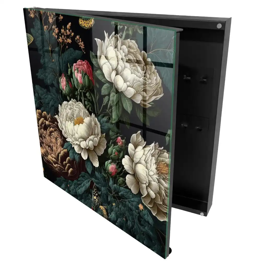 Dulap pentru chei cu model floral bujori crem și verzi pe fundal negru