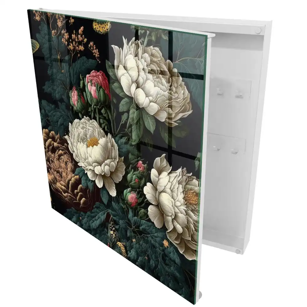 Dulap pentru chei cu model floral bujori crem și verzi pe fundal negru