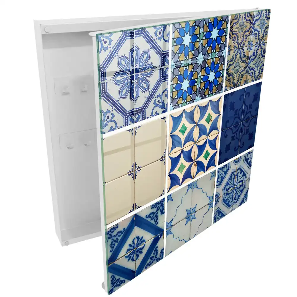 Suport de perete pentru chei cu model geometric de plăci în nuanțe de albastru