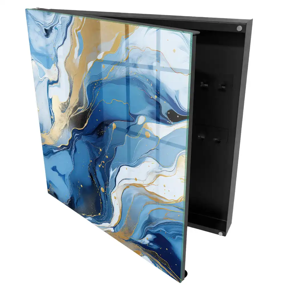 Cutie pentru chei de perete cu design abstract dinamic în nuanțe de albastru și galben