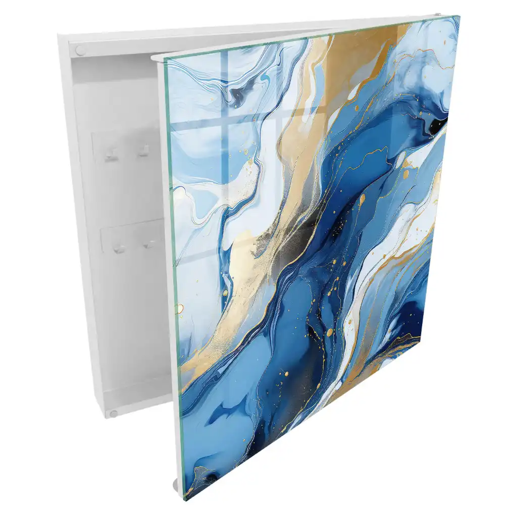 Cutie pentru chei de perete cu design abstract dinamic în nuanțe de albastru și galben