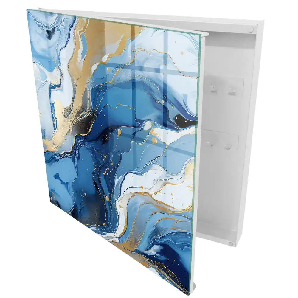 Cutie pentru chei de perete cu design abstract dinamic în nuanțe de albastru și galben