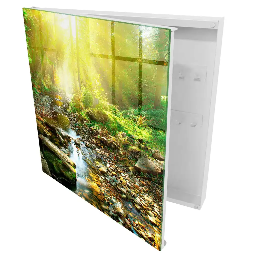 Casetă de chei cu design soare în pădurea de lângă pârâu