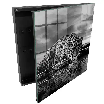 Casetă de chei cu design jaguar deasupra apei contrast alb negru