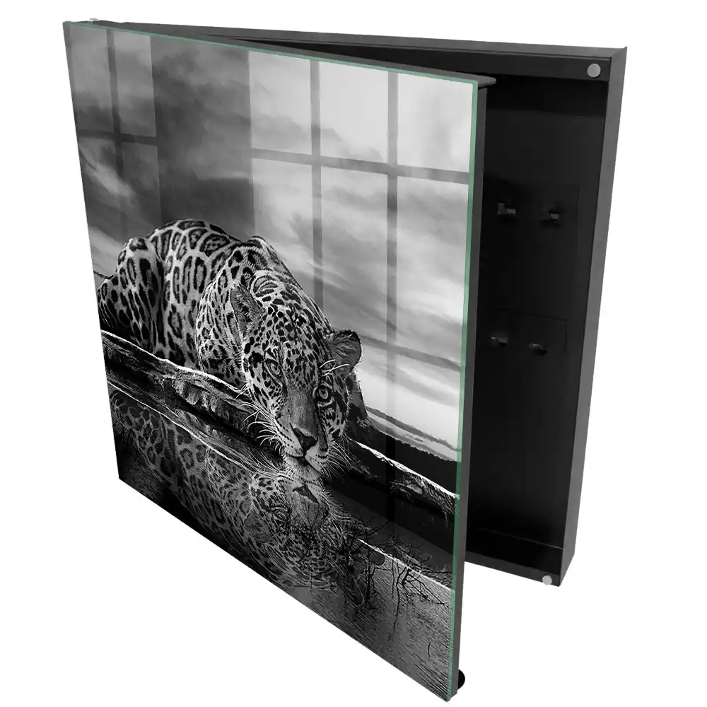 Casetă de chei cu design jaguar deasupra apei contrast alb negru