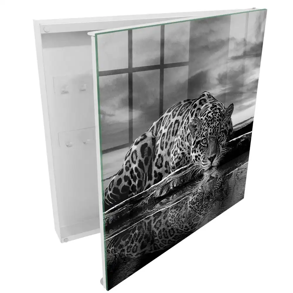 Casetă de chei cu design jaguar deasupra apei contrast alb negru