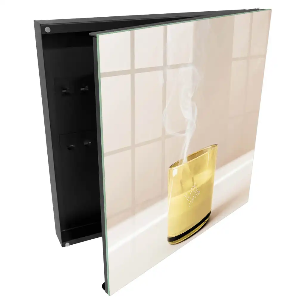 Cutie de perete pentru chei din sticlă transparentă cu interior galben și fum