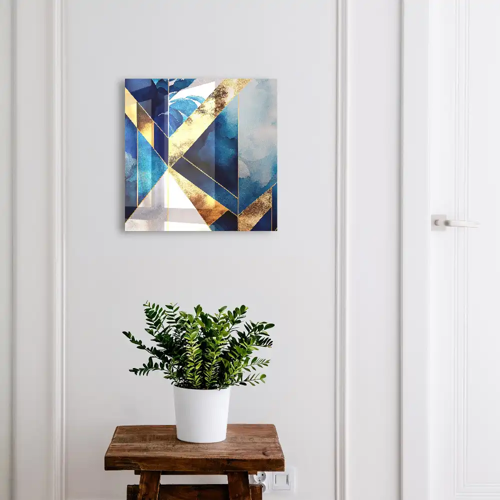 Cutie de chei pentru perete cu design geometric în nuanțe de albastru și galben