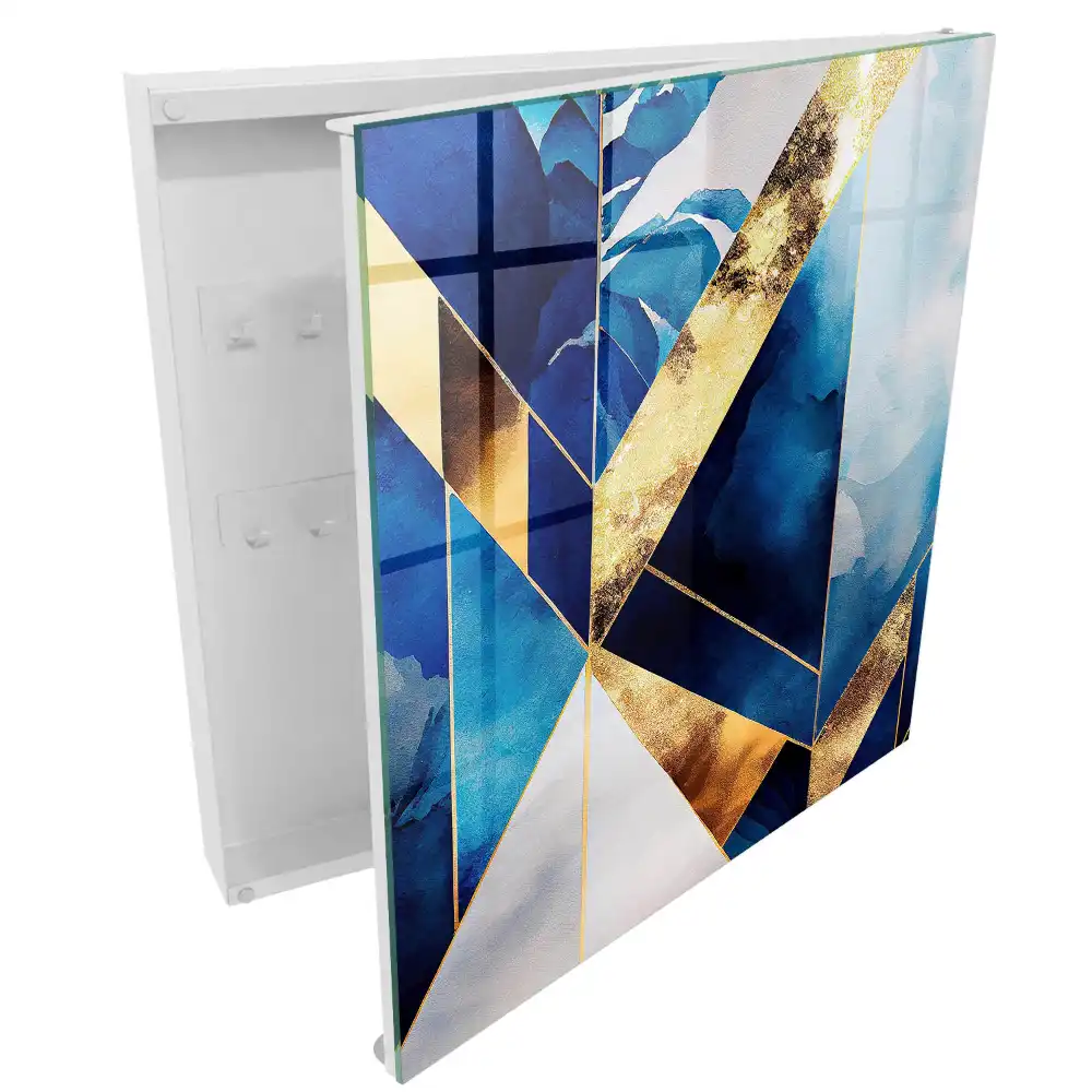 Cutie de chei pentru perete cu design geometric în nuanțe de albastru și galben