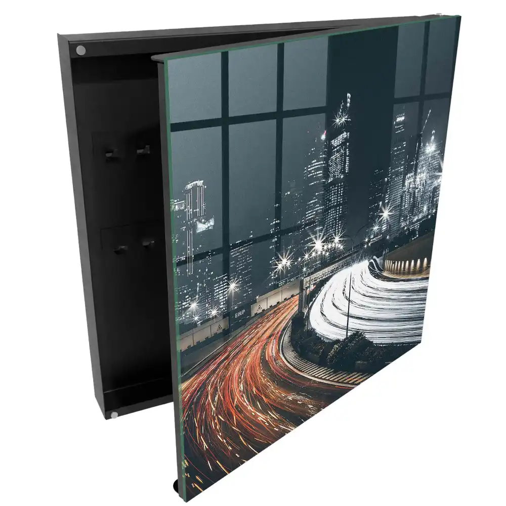Casetă de chei cu design de oraș nocturn iluminat