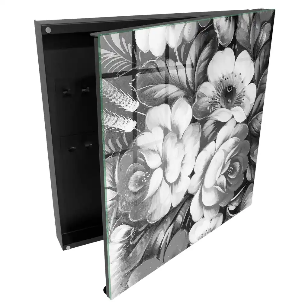 Suport pentru chei de perete cu design elegant și model cu flori albe și negre