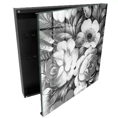 Suport pentru chei de perete cu design elegant și model cu flori albe și negre