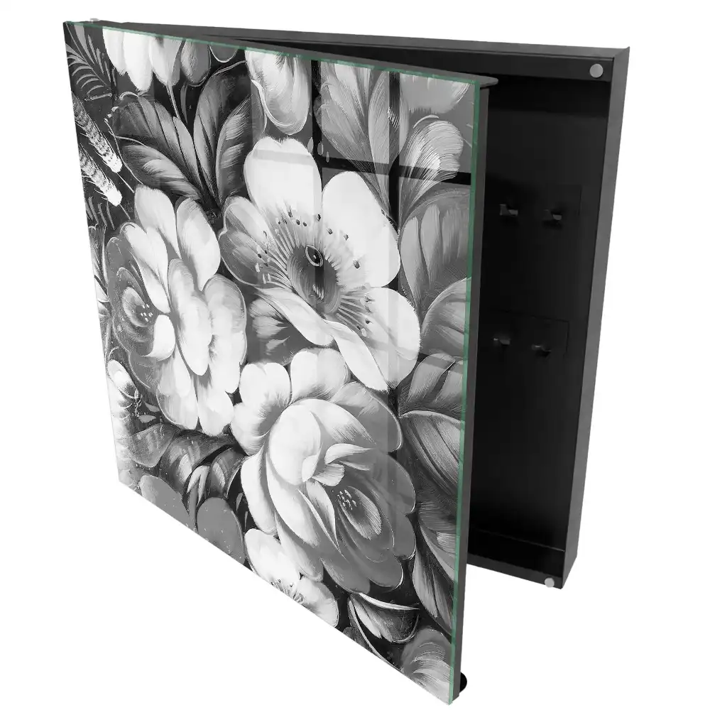 Suport pentru chei de perete cu design elegant și model cu flori albe și negre