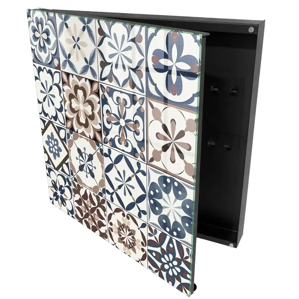 Casetă pentru chei cu design geometric în nuanțe pământii și albastre
