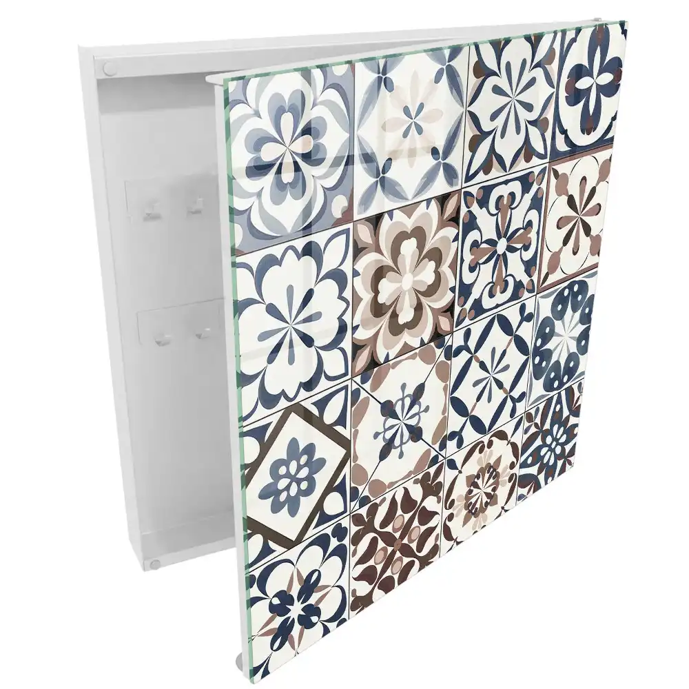 Casetă pentru chei cu design geometric în nuanțe pământii și albastre