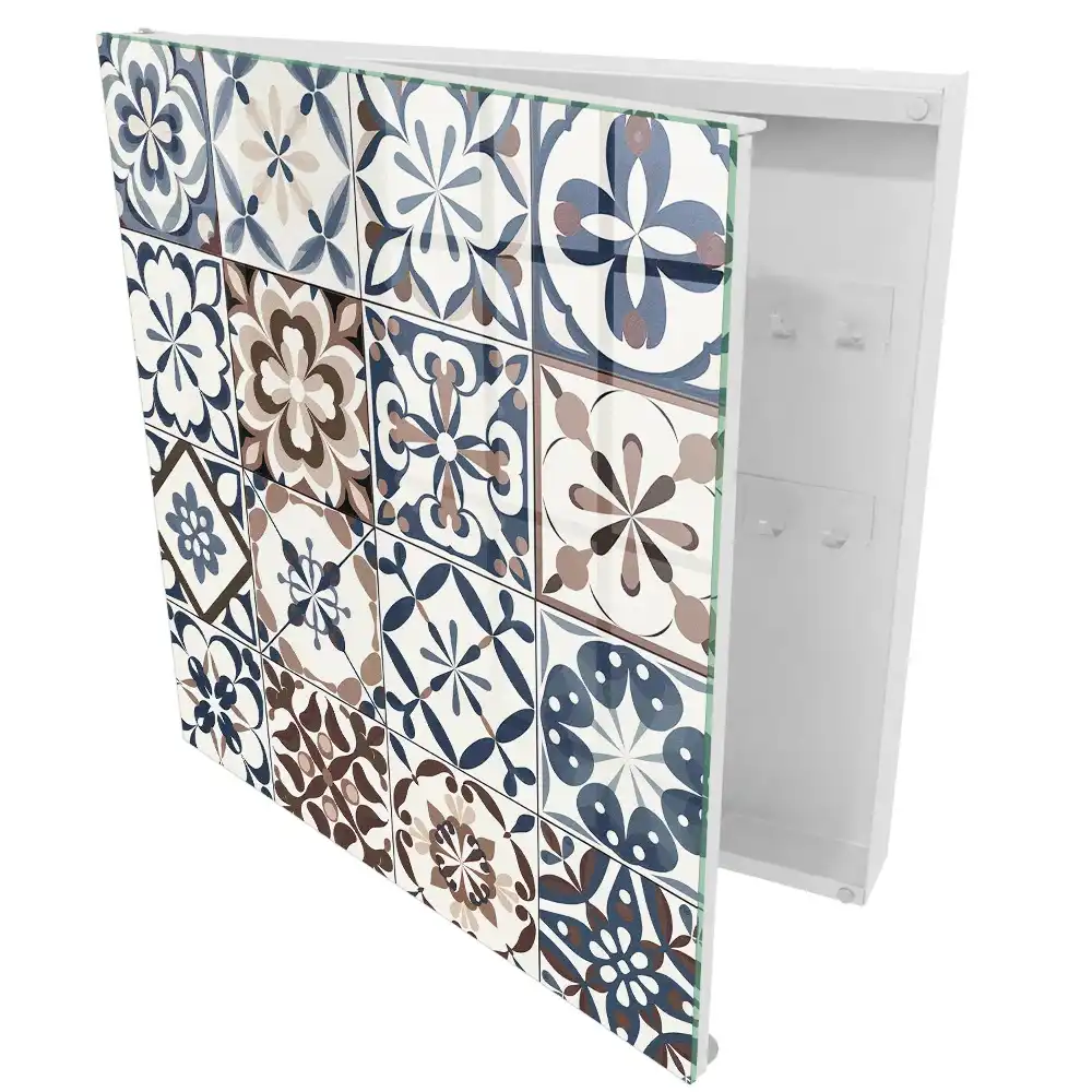 Casetă pentru chei cu design geometric în nuanțe pământii și albastre