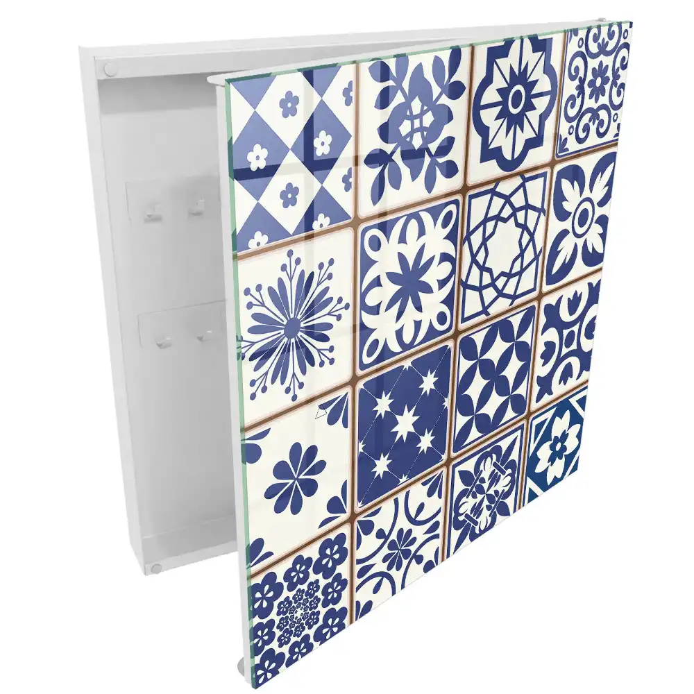 Cutie de chei pentru perete cu model geometric în nuanțe de albastru și alb