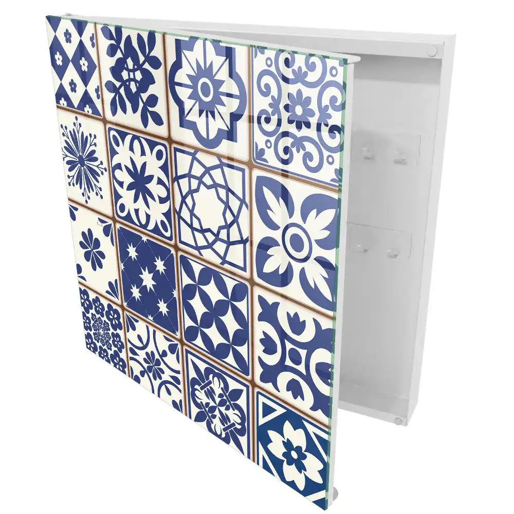 Cutie de chei pentru perete cu model geometric în nuanțe de albastru și alb