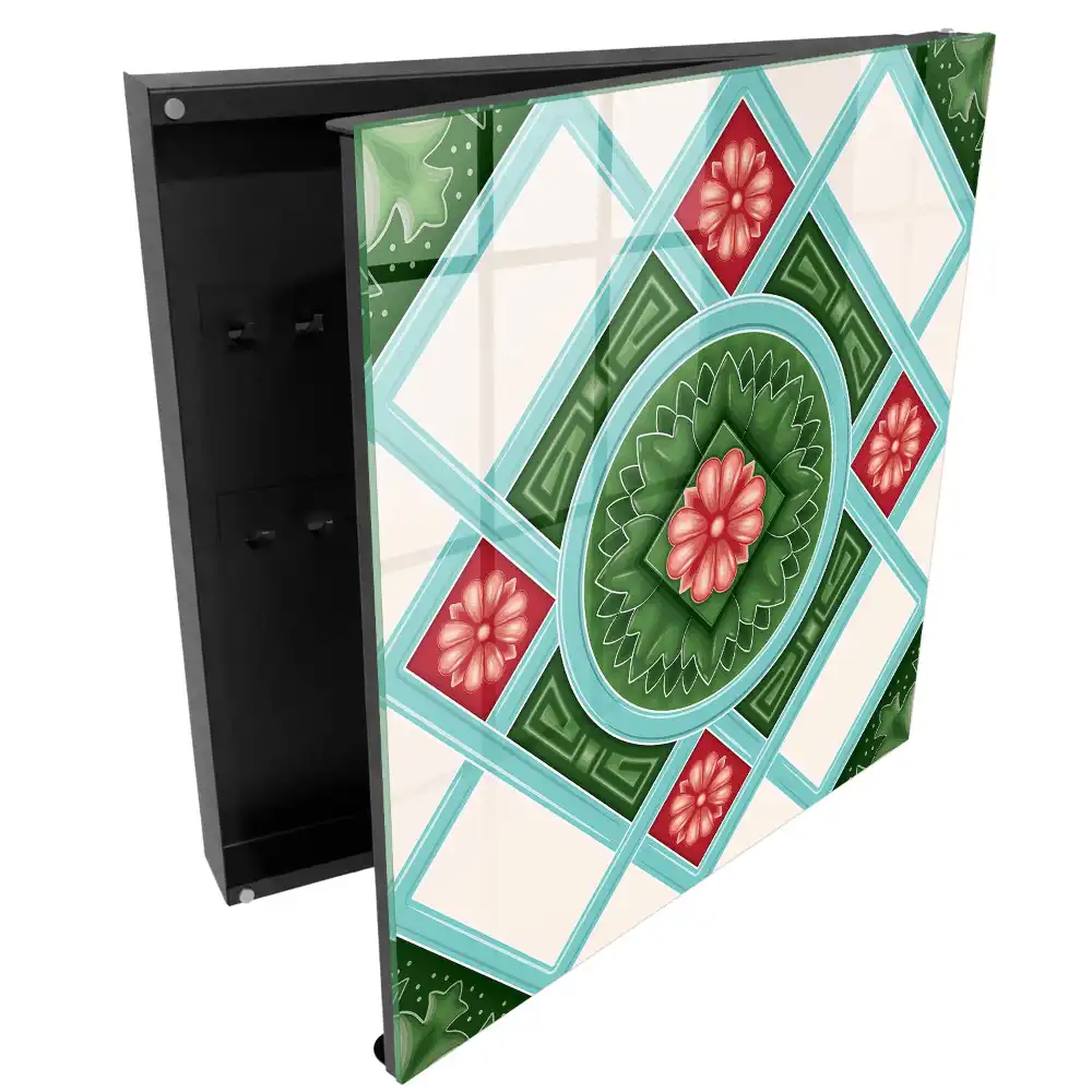 Casetă pentru chei cu model geometric floral în nuanțe de verde, roșu și albastru