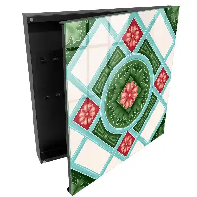 Casetă pentru chei cu model geometric floral în nuanțe de verde, roșu și albastru
