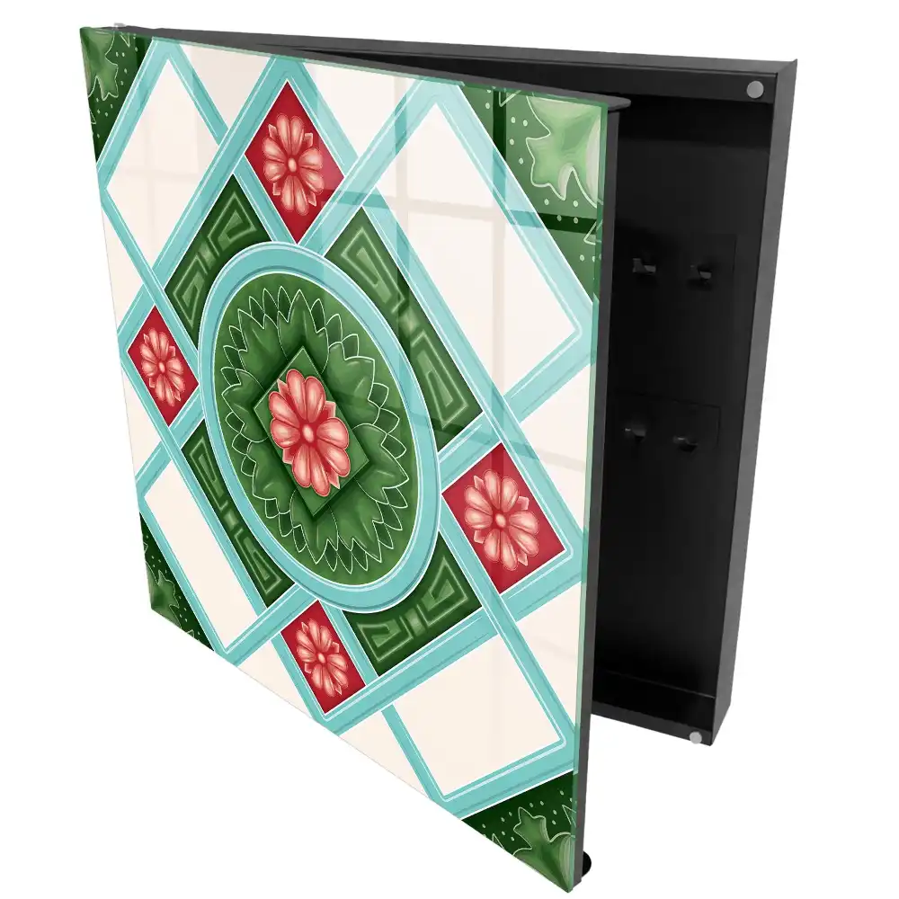 Casetă pentru chei cu model geometric floral în nuanțe de verde, roșu și albastru