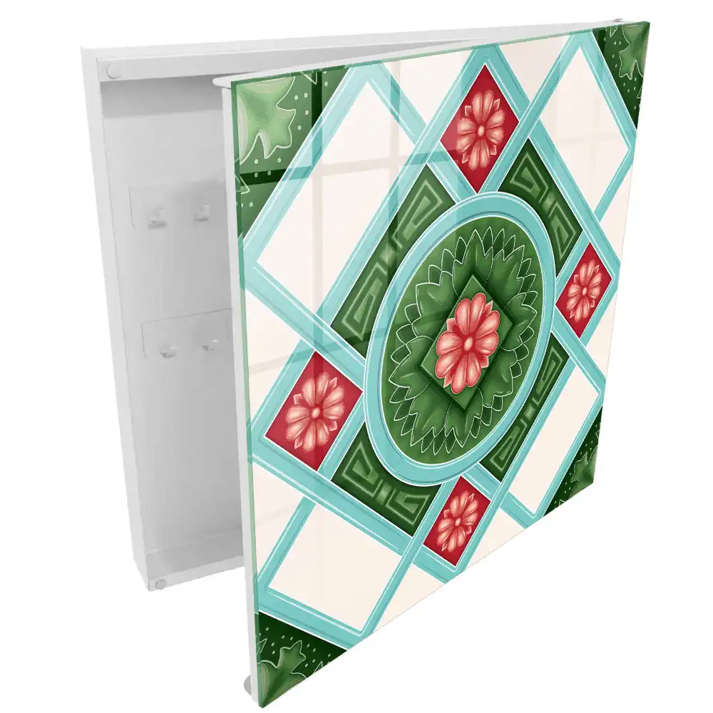 Casetă pentru chei cu model geometric floral în nuanțe de verde, roșu și albastru