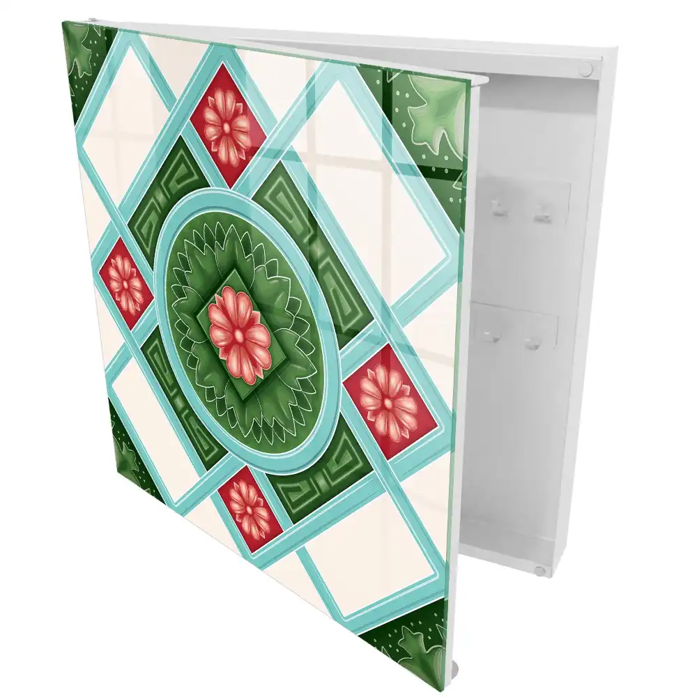 Casetă pentru chei cu model geometric floral în nuanțe de verde, roșu și albastru