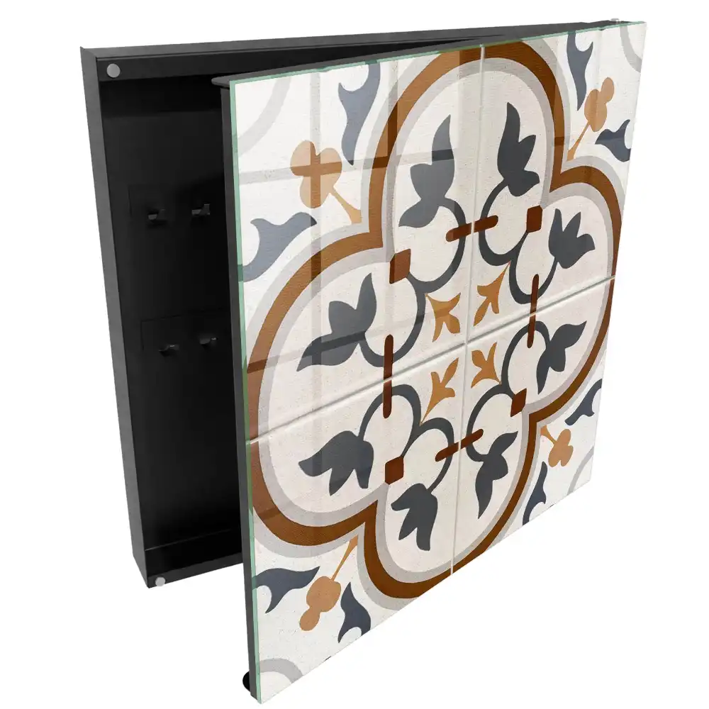 Cutie pentru chei de perete cu design geometric floral în nuanțe de bej și gri